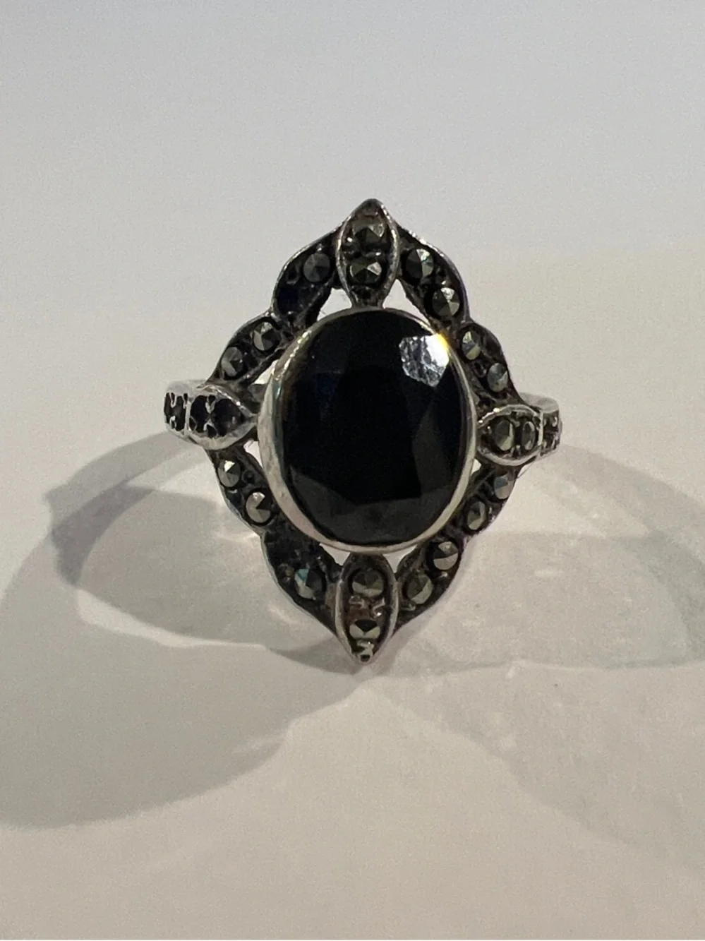 Sterling Silver Faceted Black Stone Marcasite Vintage Women's Ring